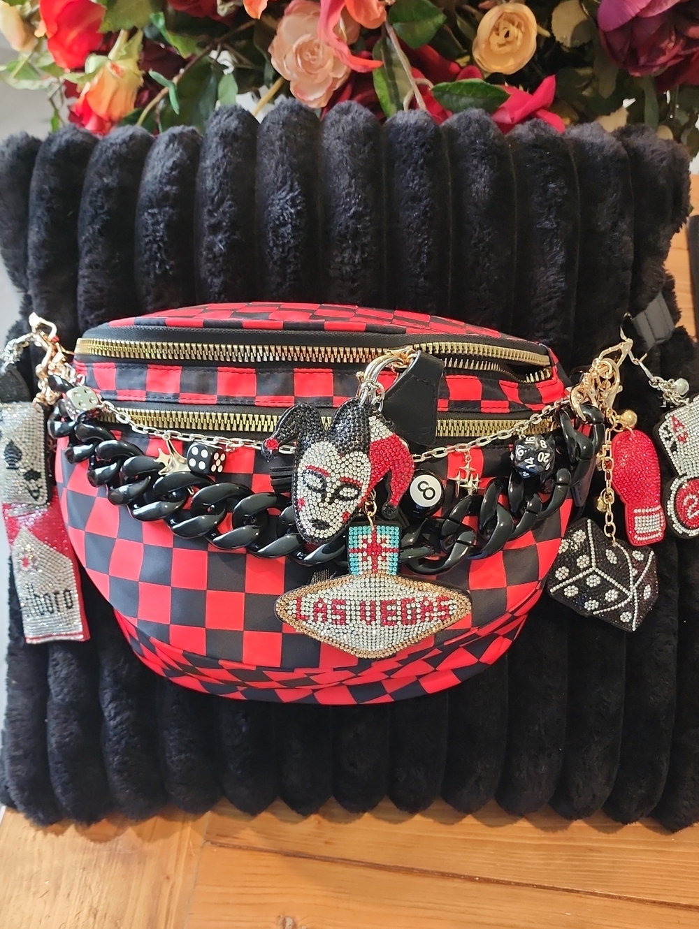 Red and Black Checkerboard Rhinestone Charm Belt Bag
